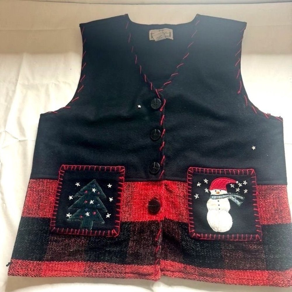 Life Style Brand Vintage Wool Christmas Vest Snowman Christmas Tree Pockets Size